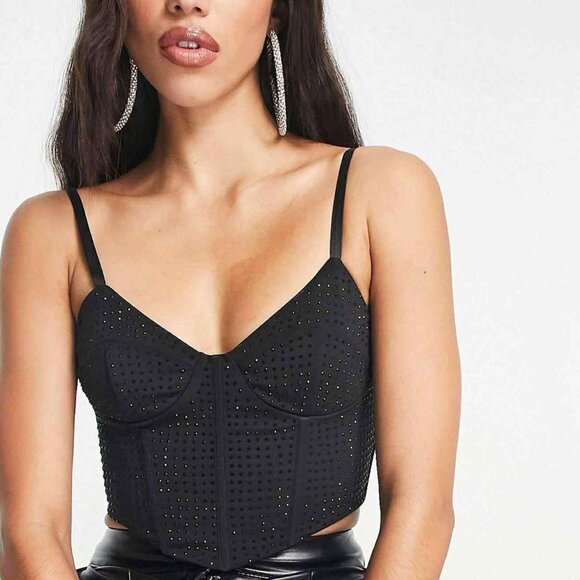 ASOS Design Black Crystal Stud Hot Fix Corset Top Size 12 - Picture 1 of 6